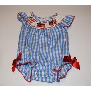 Rylee Faith Baby Girl Patriotic Smocked Gingham Bubble Romper 3M
